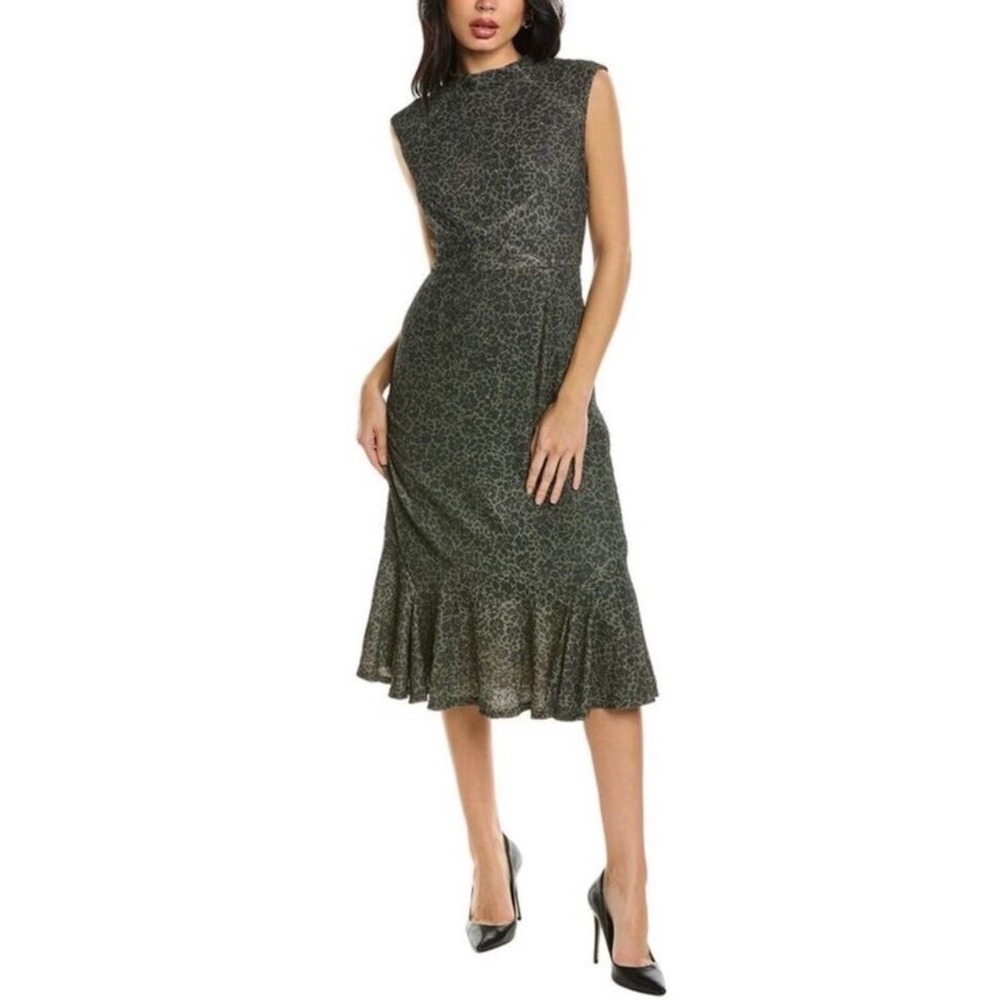 Hutch Olive Green Leopard Print Sleeveless Flounce Hem Midi Dress S